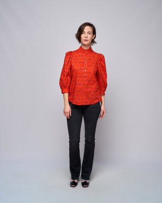 embroidered dot frontier blouse - vermillion with navy