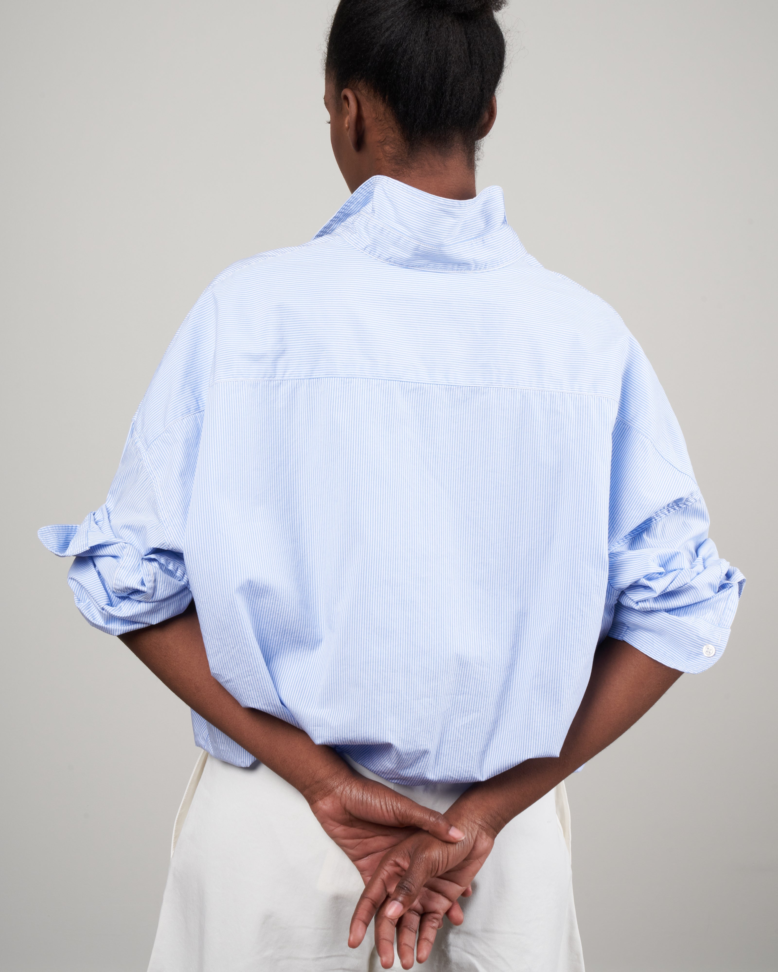 R13 Gathered Hem Shirt Light Blue Pinstripe