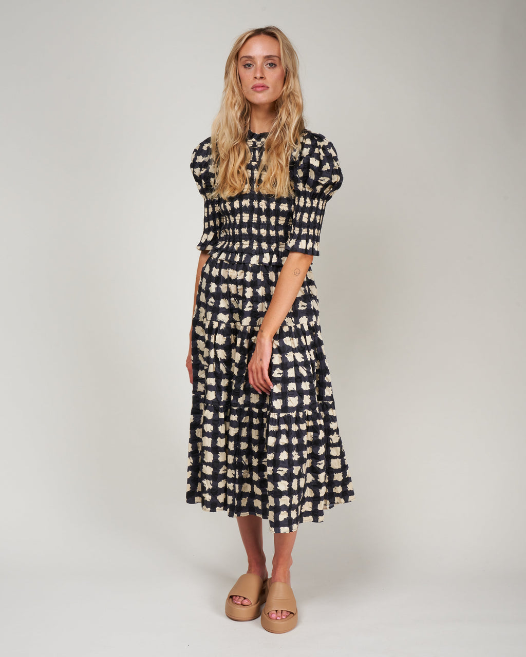 Sea Ginger Gingham Puff Slv Smocked Dress Charcoal – scarpa