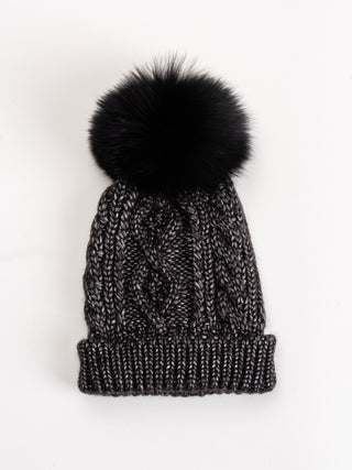 metallic knit pom hat - black