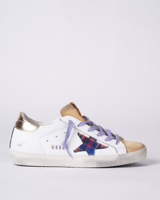super-star leather upper suede toe checked tartan star laminated heel metal lettering - white/sand/multicolor/gold 10749