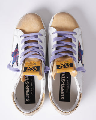 super-star leather upper suede toe checked tartan star laminated heel metal lettering - white/sand/multicolor/gold 10749