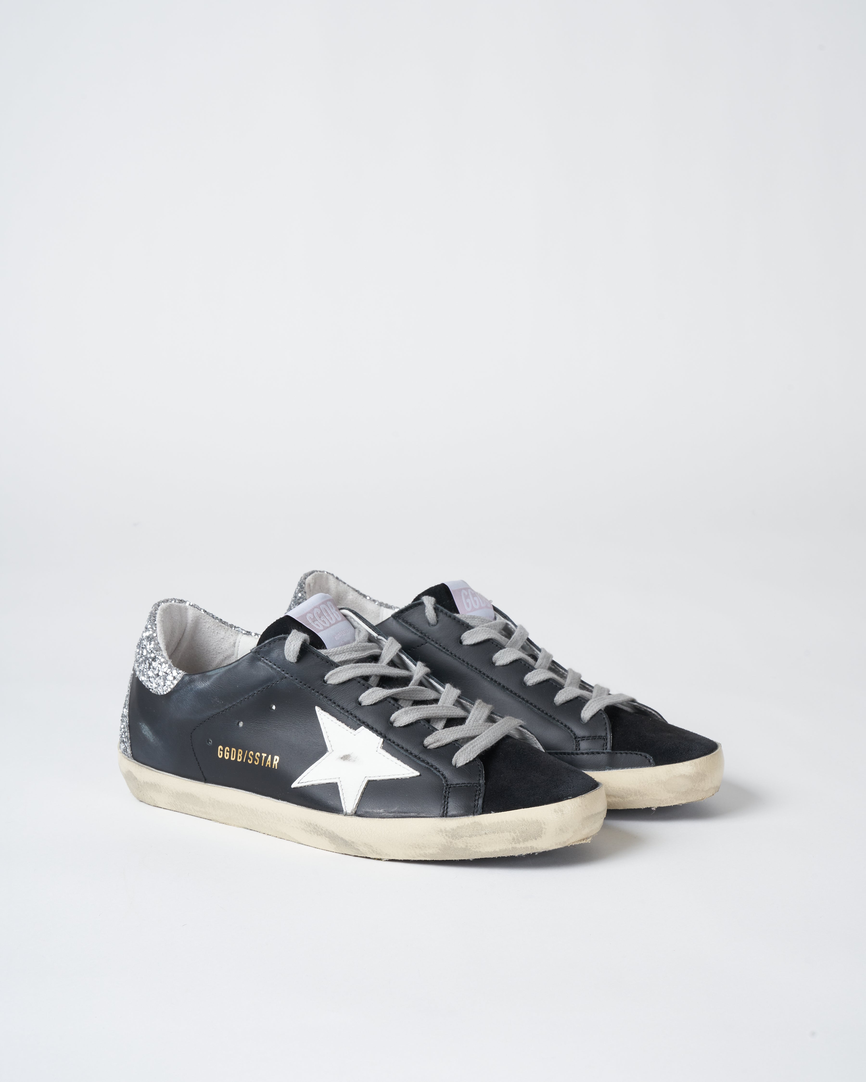 Golden Goose Super-Star Leather Upper And Suede Toe Glitter Spur Black/White/Silver
