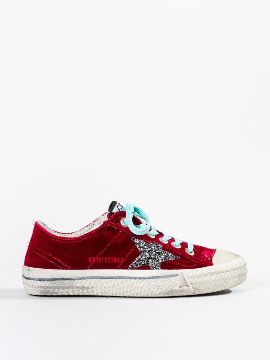 Golden Goose V-Star Sneaker in Red Velvet and Grey Glitter