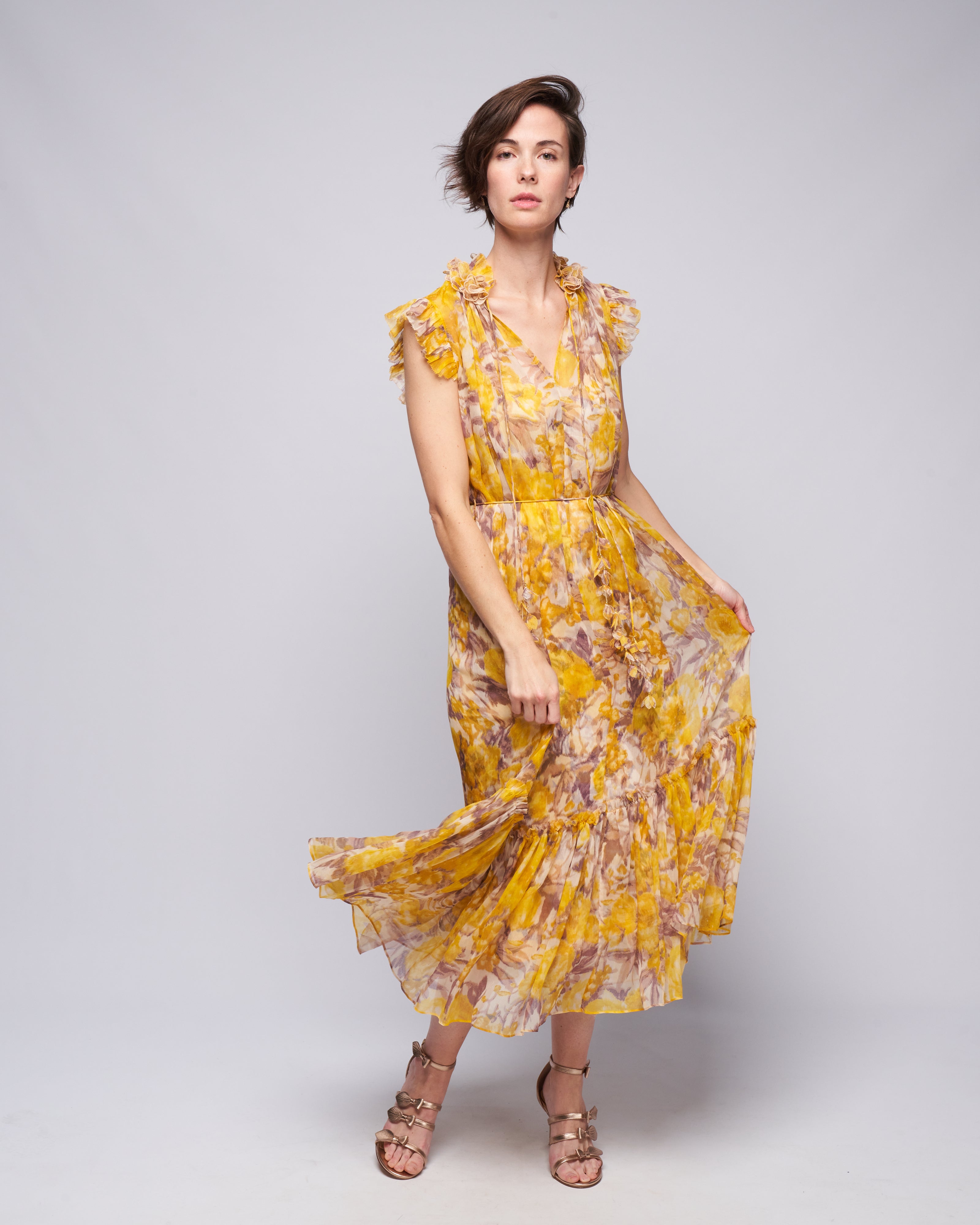 Zimmermann High Tide Flutter Dress Yellow Ikat Floral Zimmermann High Tide Flutter Dress Yellow Ikat Floral