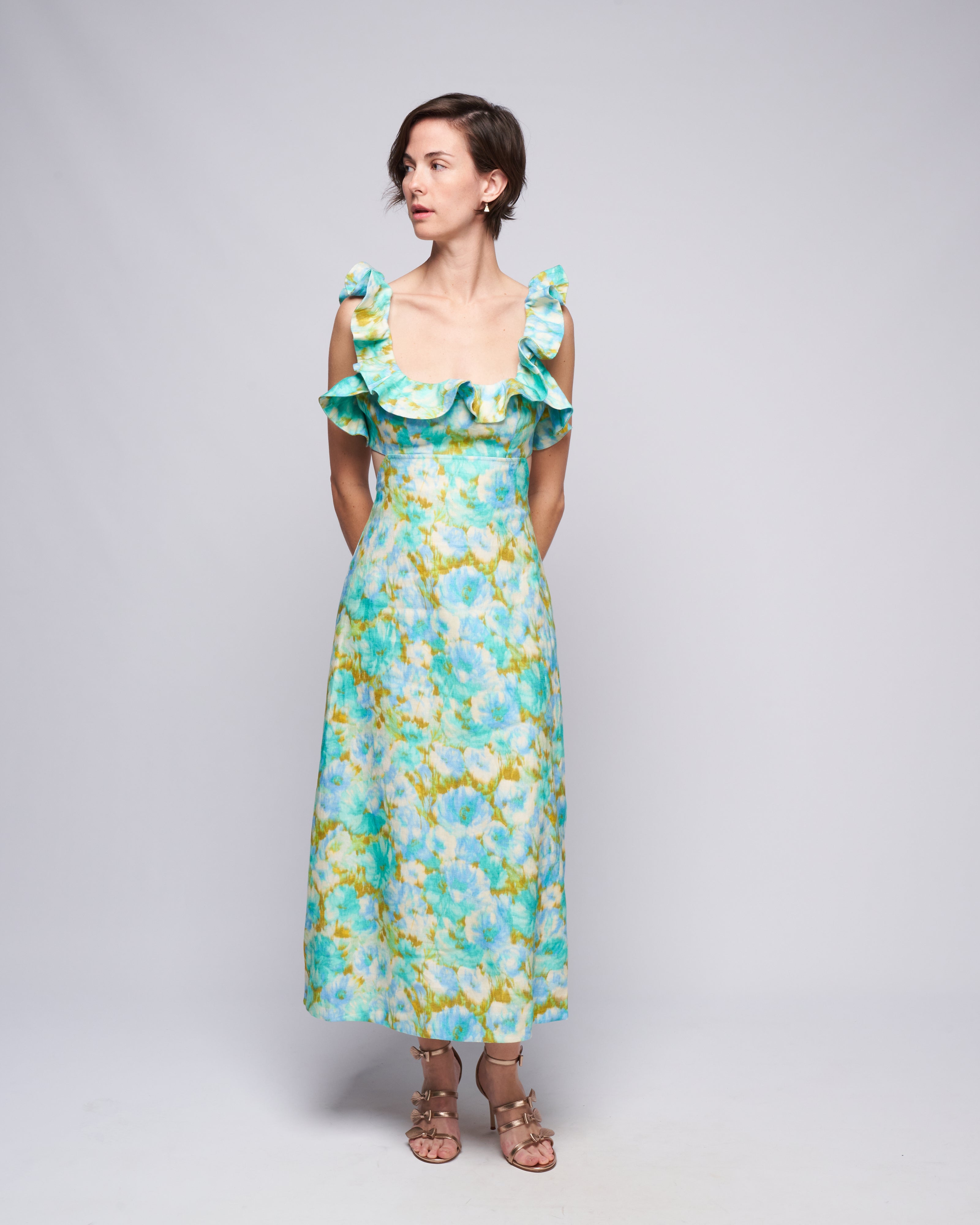 Zimmermann High Tide Frilled Midi Aqua Ikat Floral Zimmermann High Tide Frilled Midi Aqua Ikat Floral