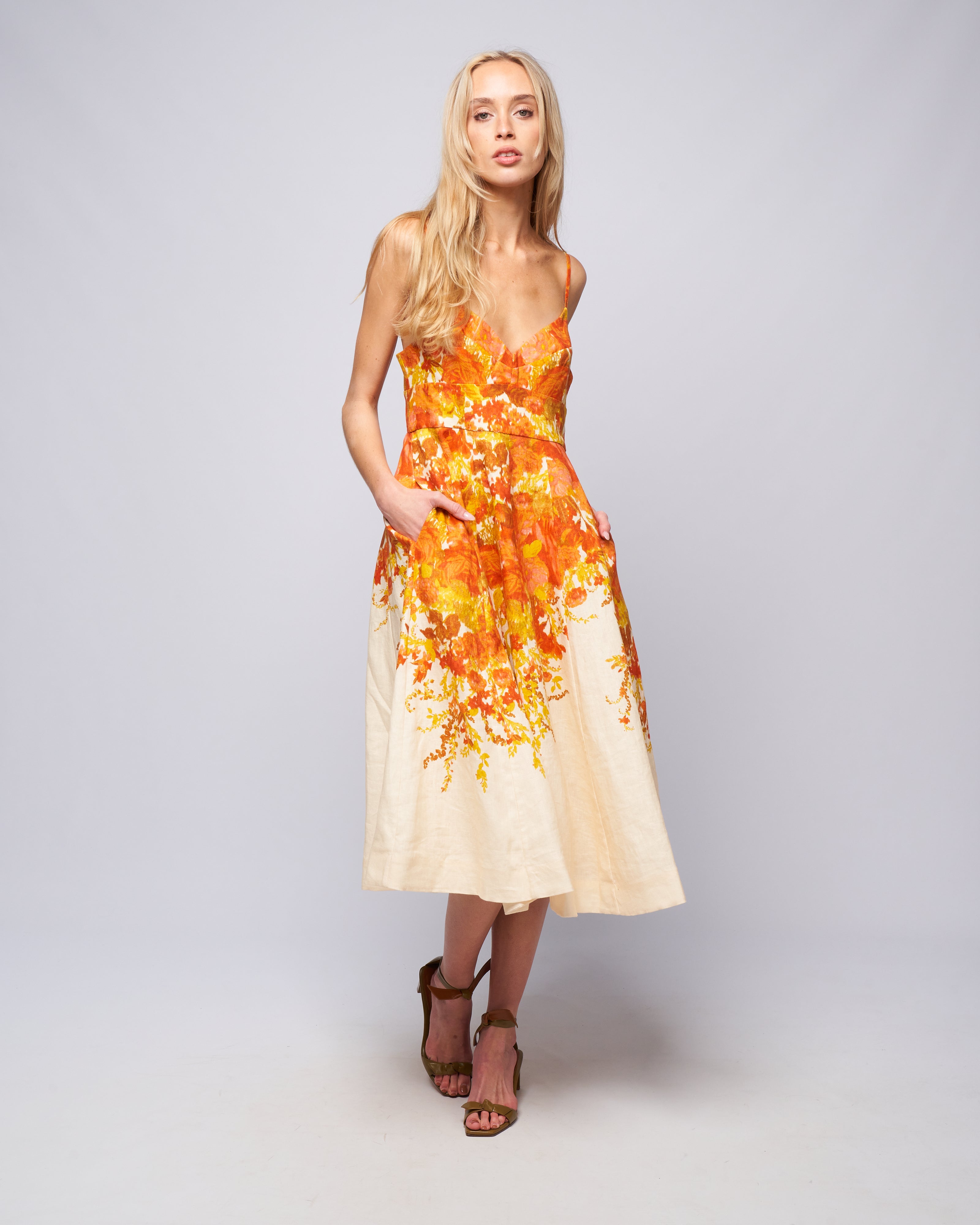 zimmermann midi picnic dress ZIMMERMANN Awaken Picnic Dress | Women's Designer Linen Floral Midi Dress | Chambray Floral