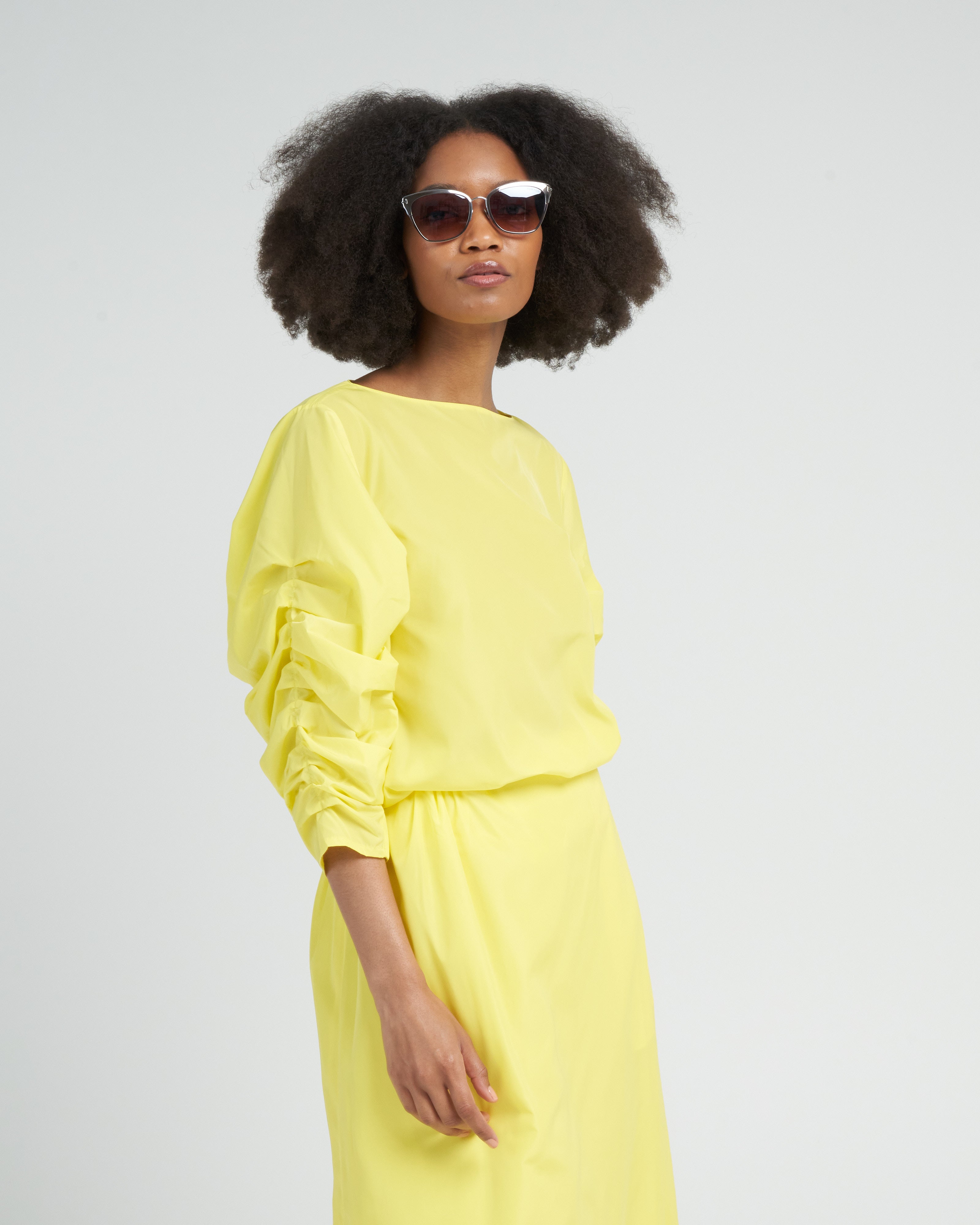 Tibi Italian Sporty Nylon Shirred Sleeve Top Yellow