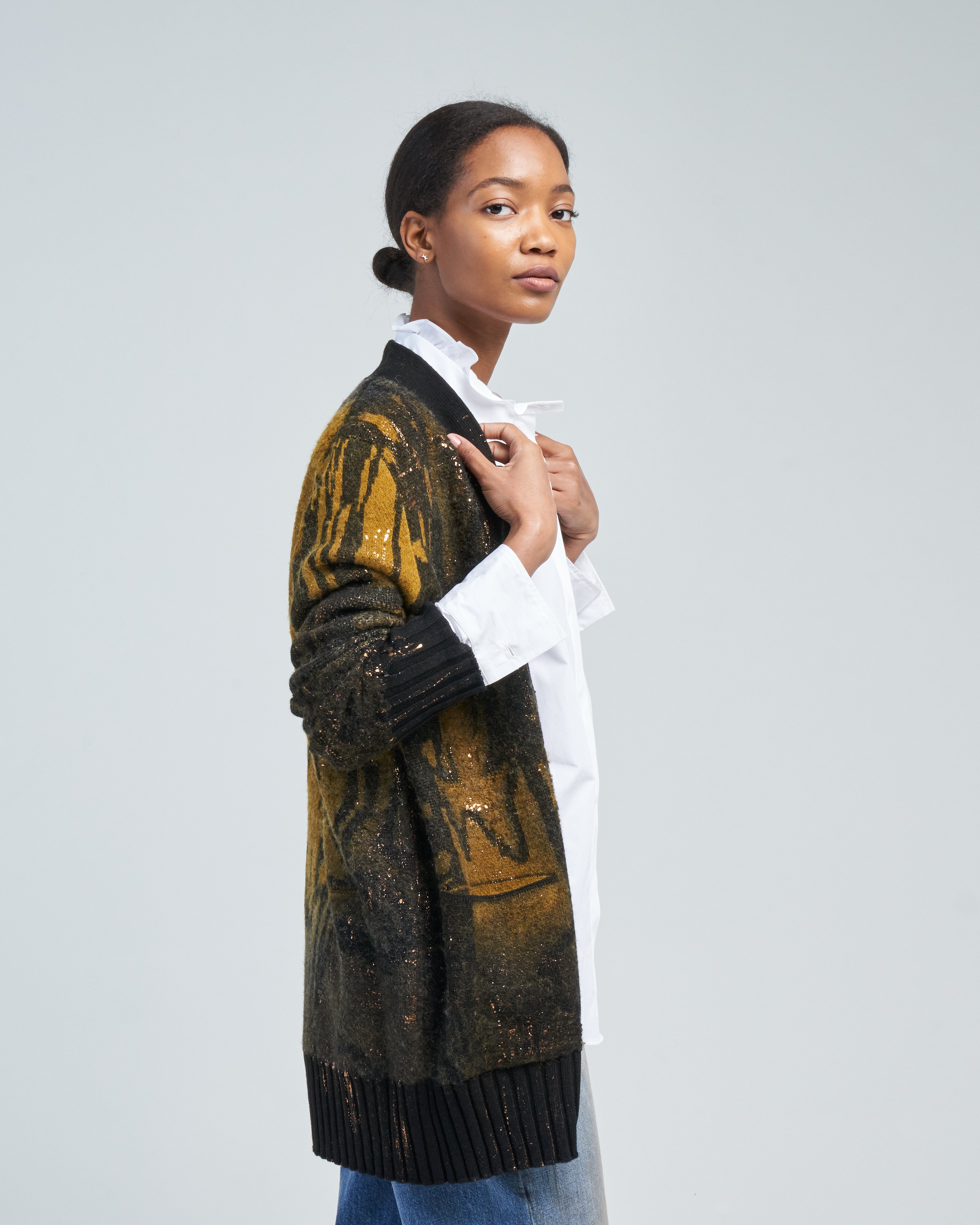 Avant Toi Jacquard Punk Shawl Cardigan With Lamination N/Pepita
