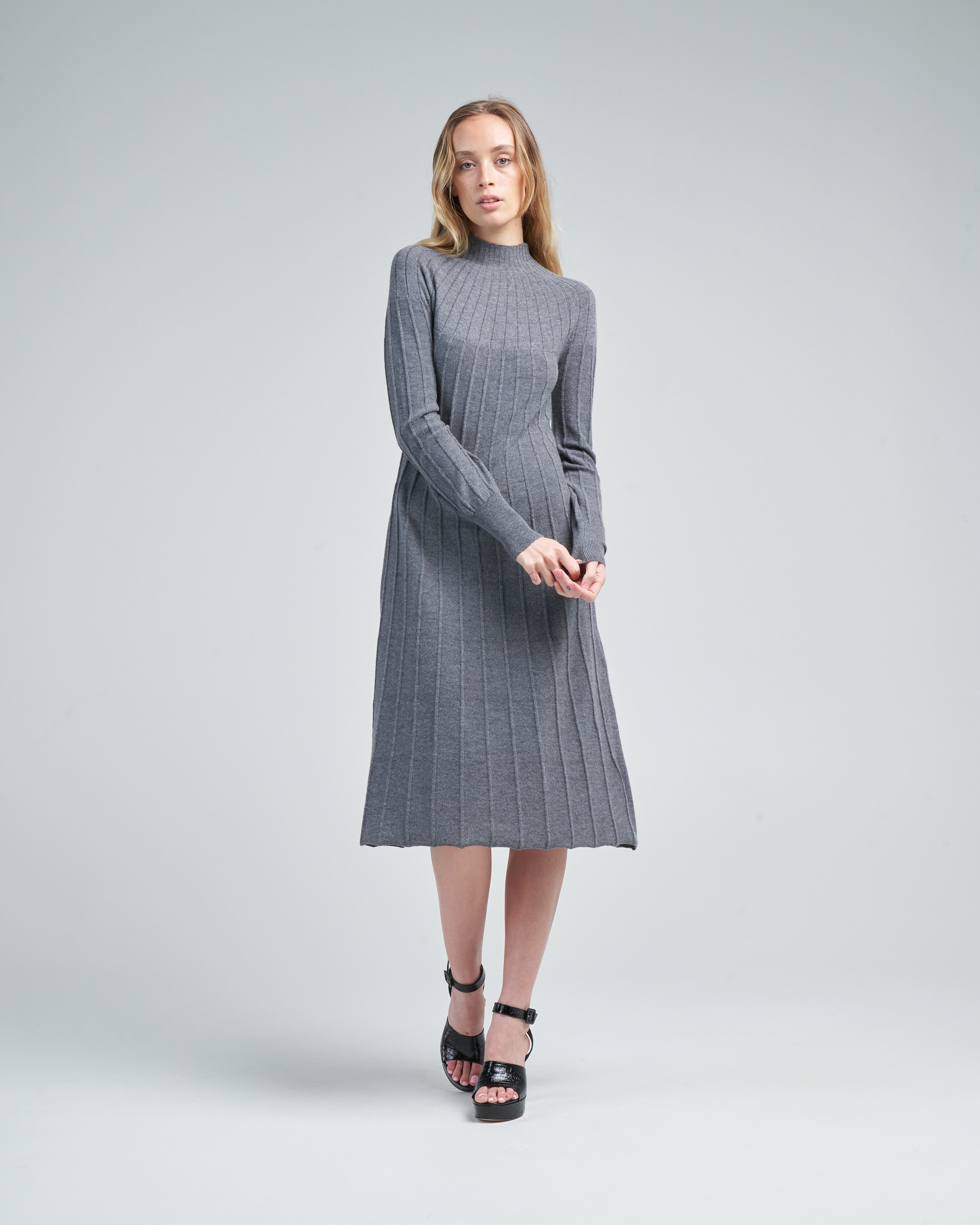 Piazza Sempione Knit Long Sleeve Dress Grey Wool