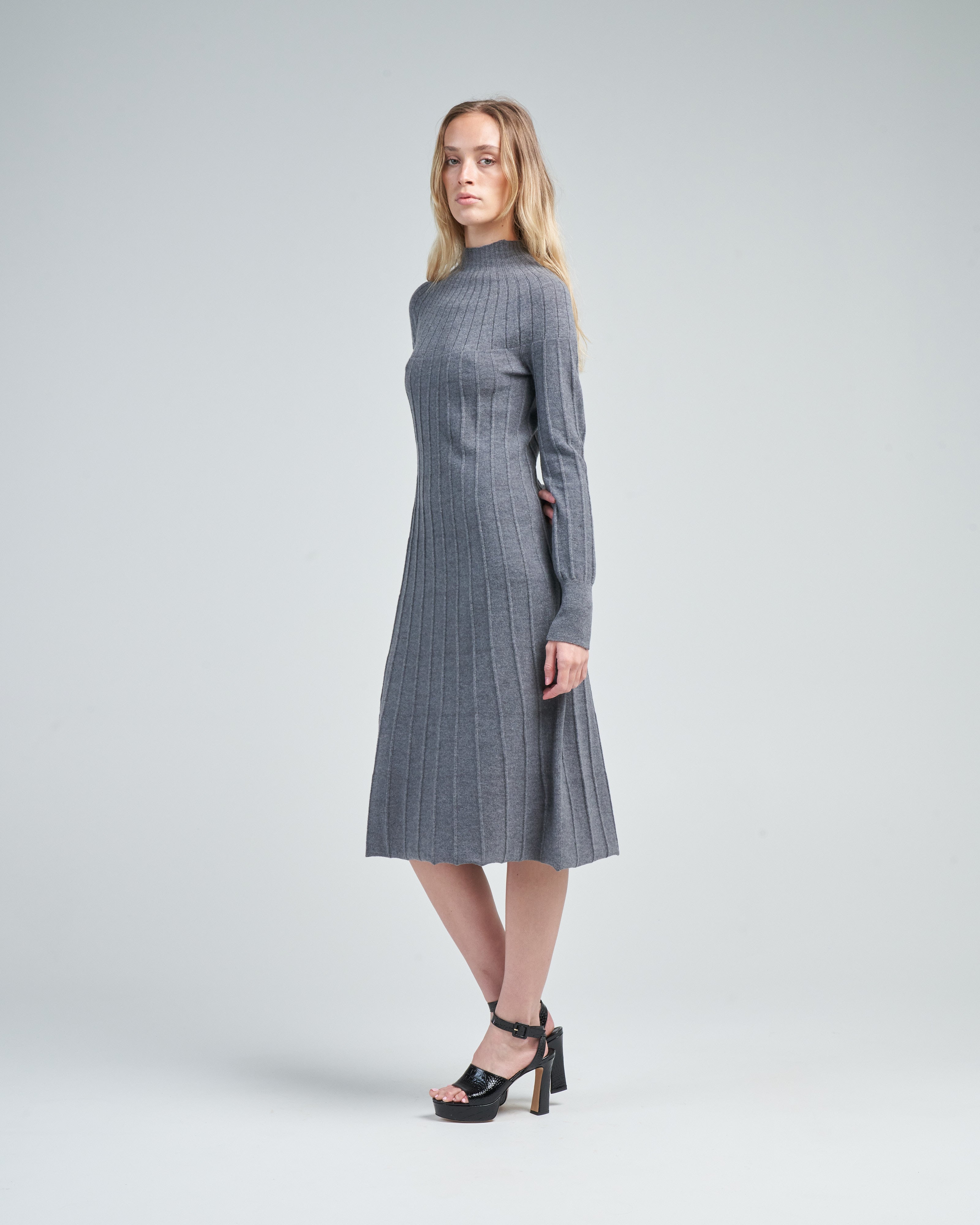 Piazza Sempione Knit Long Sleeve Dress Grey Wool