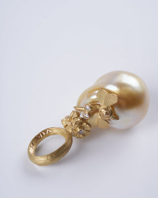 large gold south sea pearl with 18k gold hummingbird with diamonds - gold