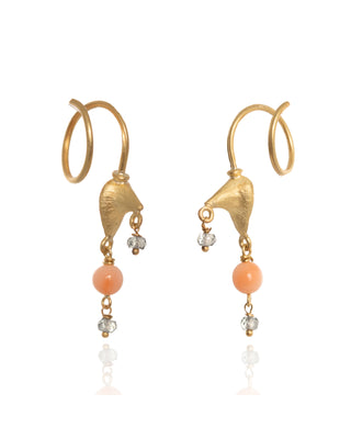 18k gold corkscrew earrings with coral and sapphire drop beads