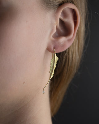 18k gold feather earrings with diamond beads