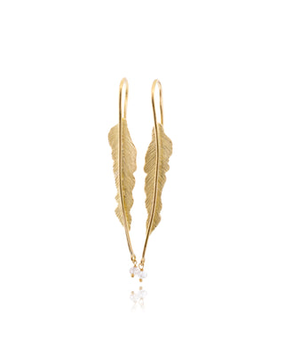 18k gold feather earrings with diamond beads