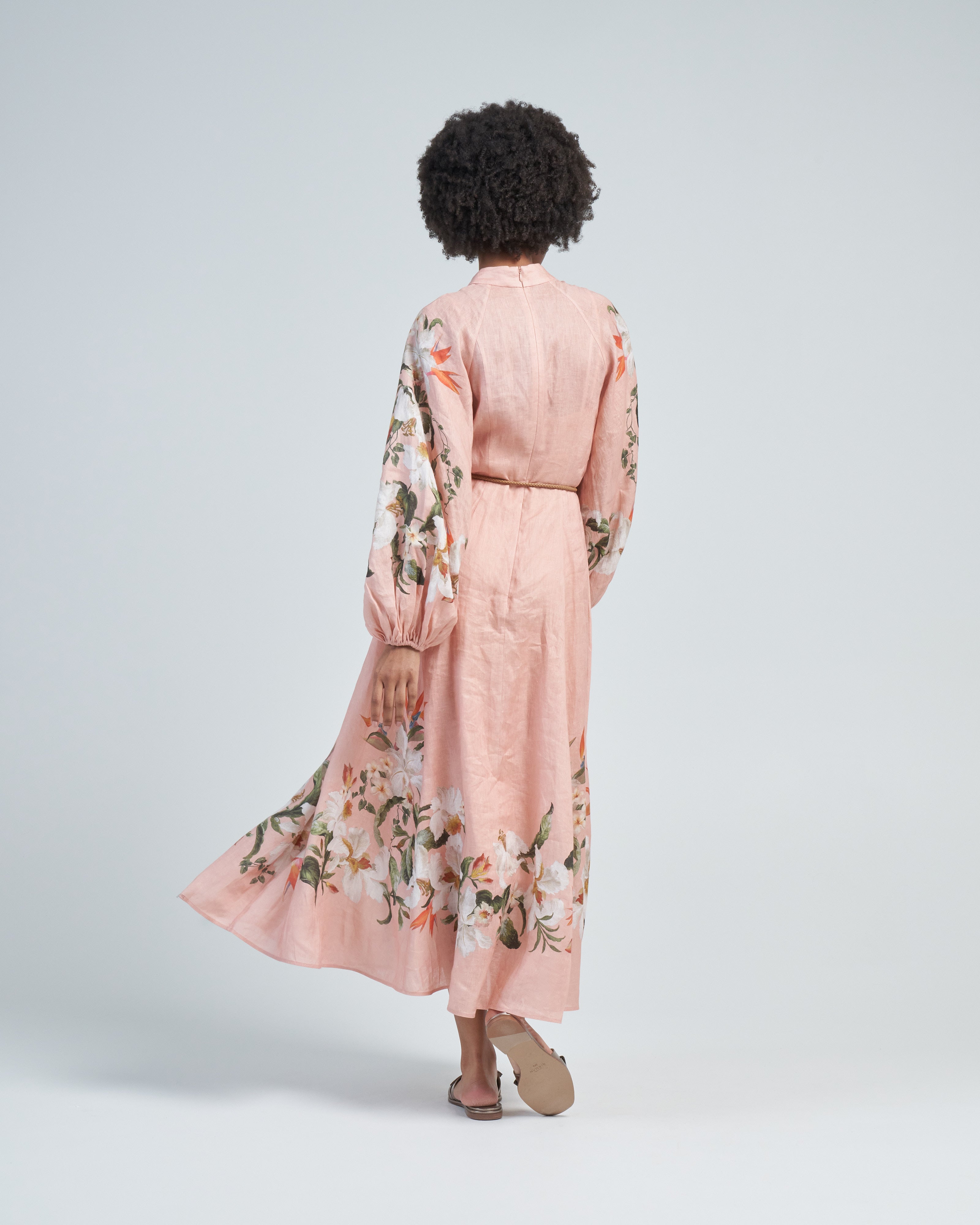 pink zimmermann dress Indra Plunge Halter | Flare Dress in Pink Floral from our Resort Swim 2026 Collection Crush belted floral-print linen midi