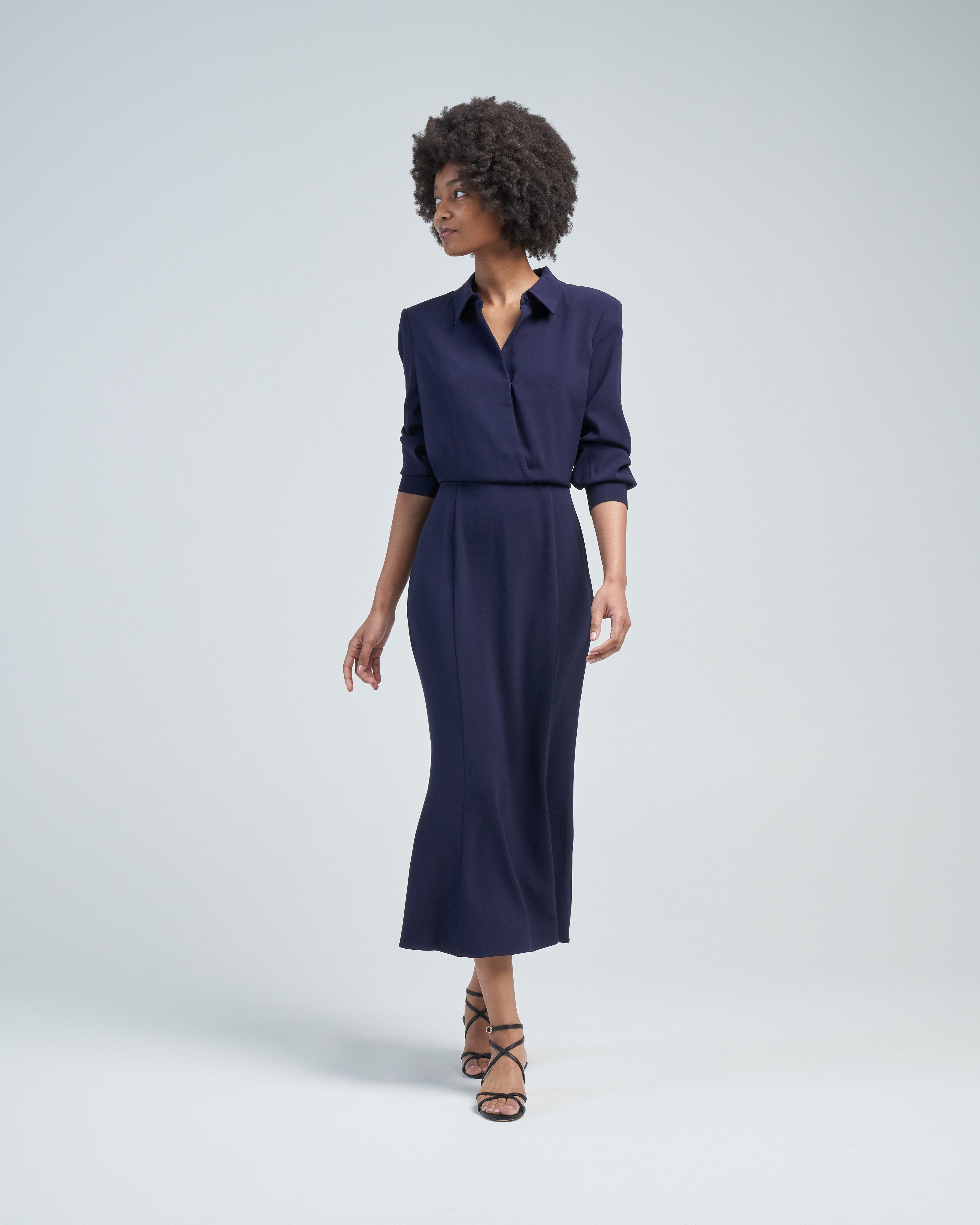 Roland Mouret Long Sleeve Collar Satin Crepe Midi Dress Navy Navy