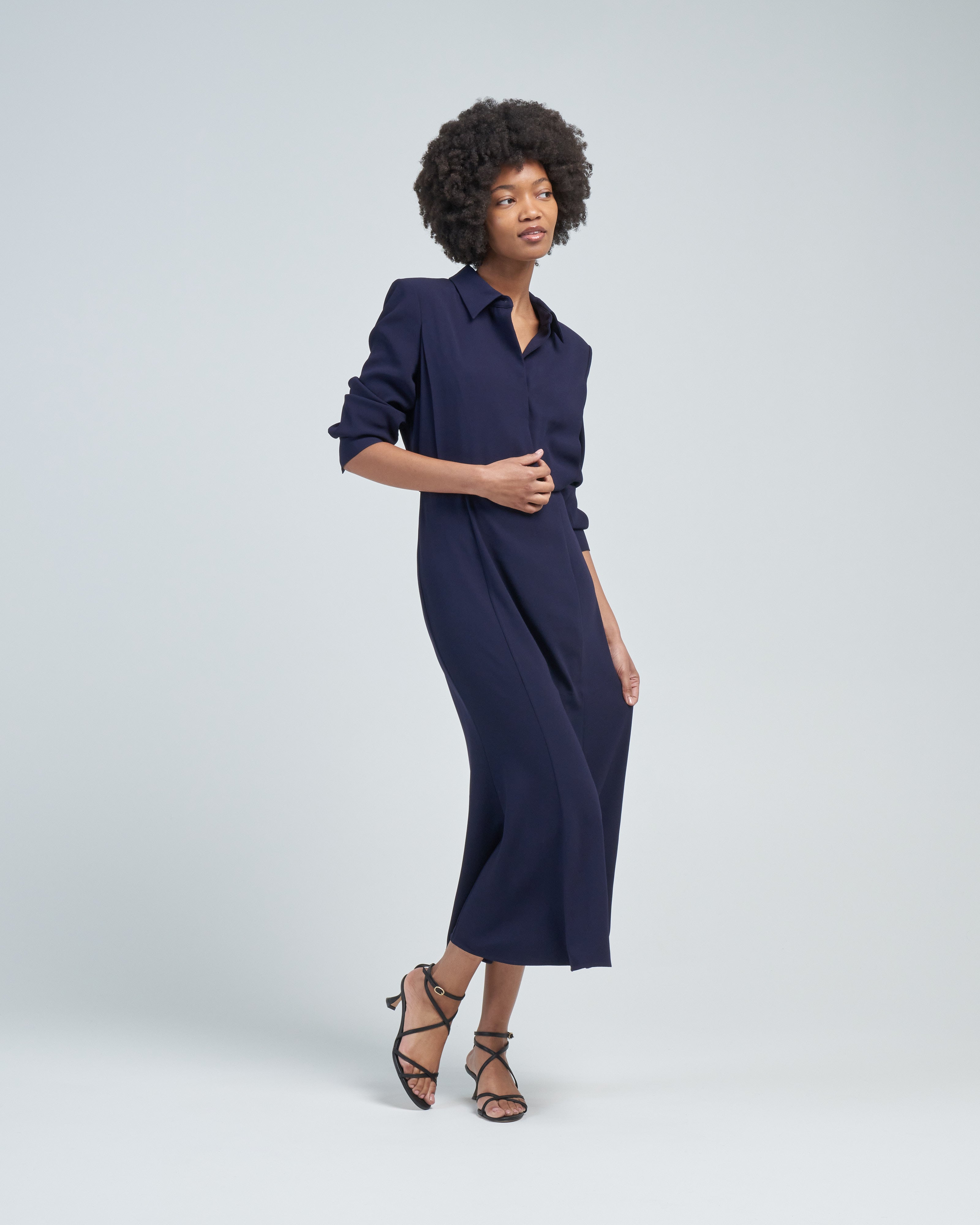 Roland Mouret Long Sleeve Collar Satin Crepe Midi Dress Navy Navy Roland Mouret Long Sleeve Collar Satin Crepe Midi Dress Navy Navy