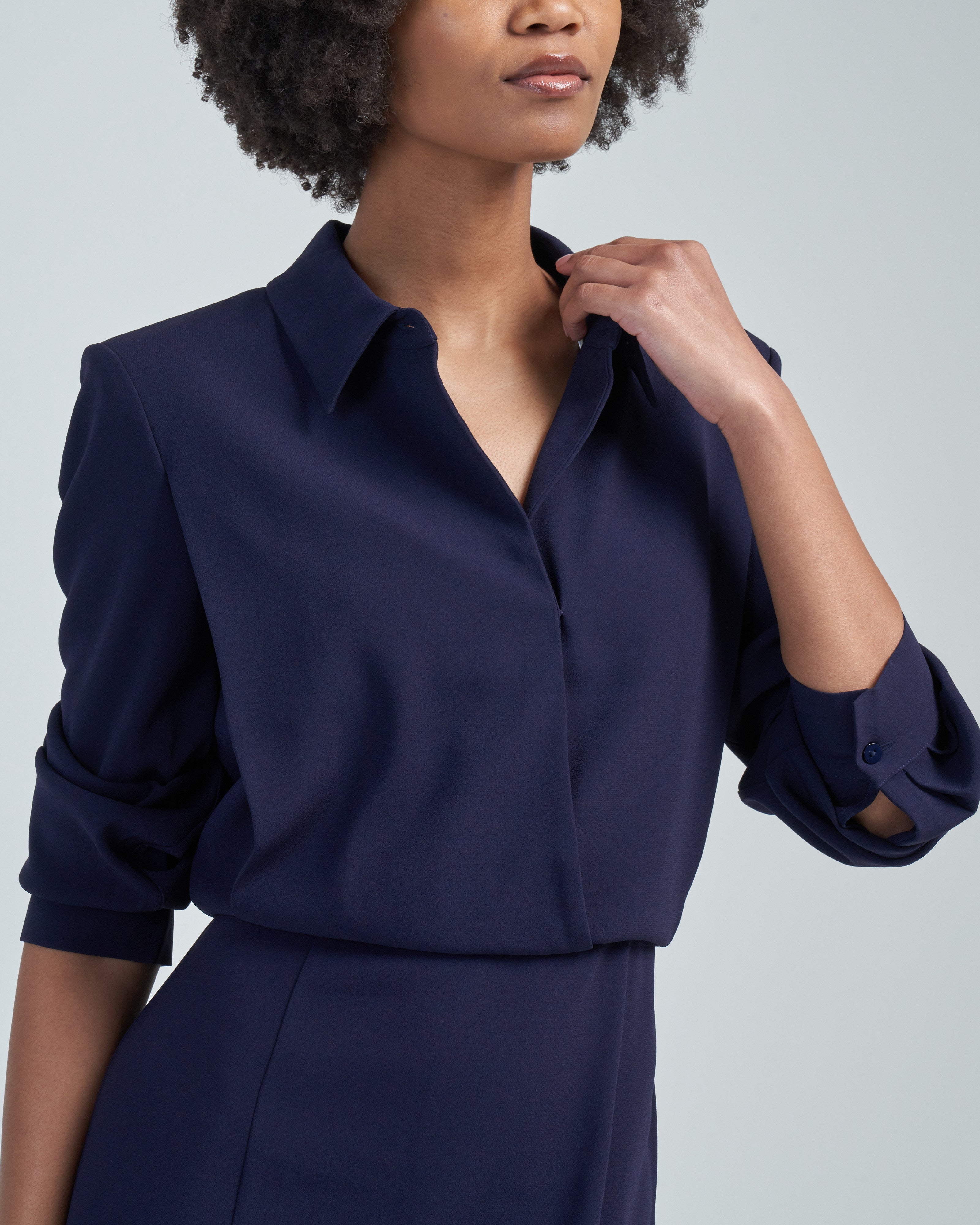 Roland Mouret Long Sleeve Collar Satin Crepe Midi Dress Navy Navy Roland Mouret Long Sleeve Collar Satin Crepe Midi Dress Navy Navy