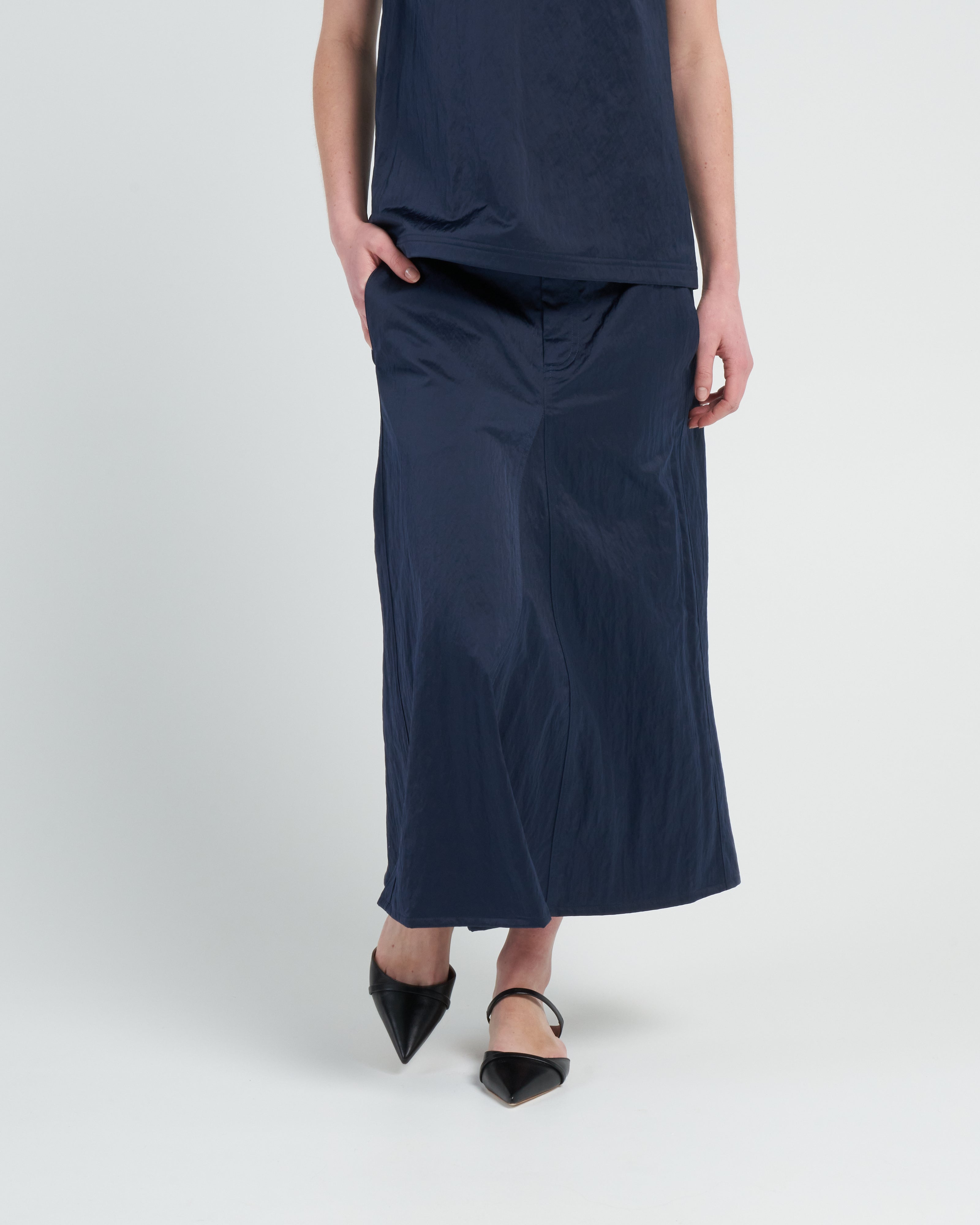 Tibi Luxe Eco Satin Godet Midi Skirt Navy - Main Image