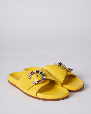 yellow flat sandal with multi colored crystal adjustable strap