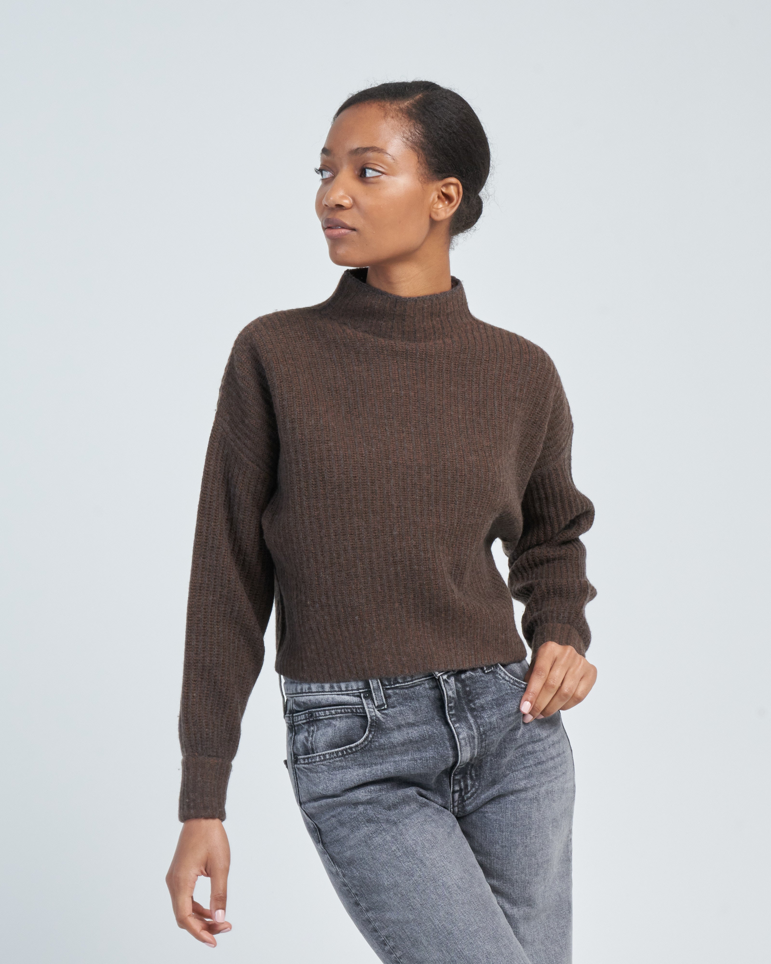 7115 By Szeki Merino Stripe Rib Mock Sweater Brown