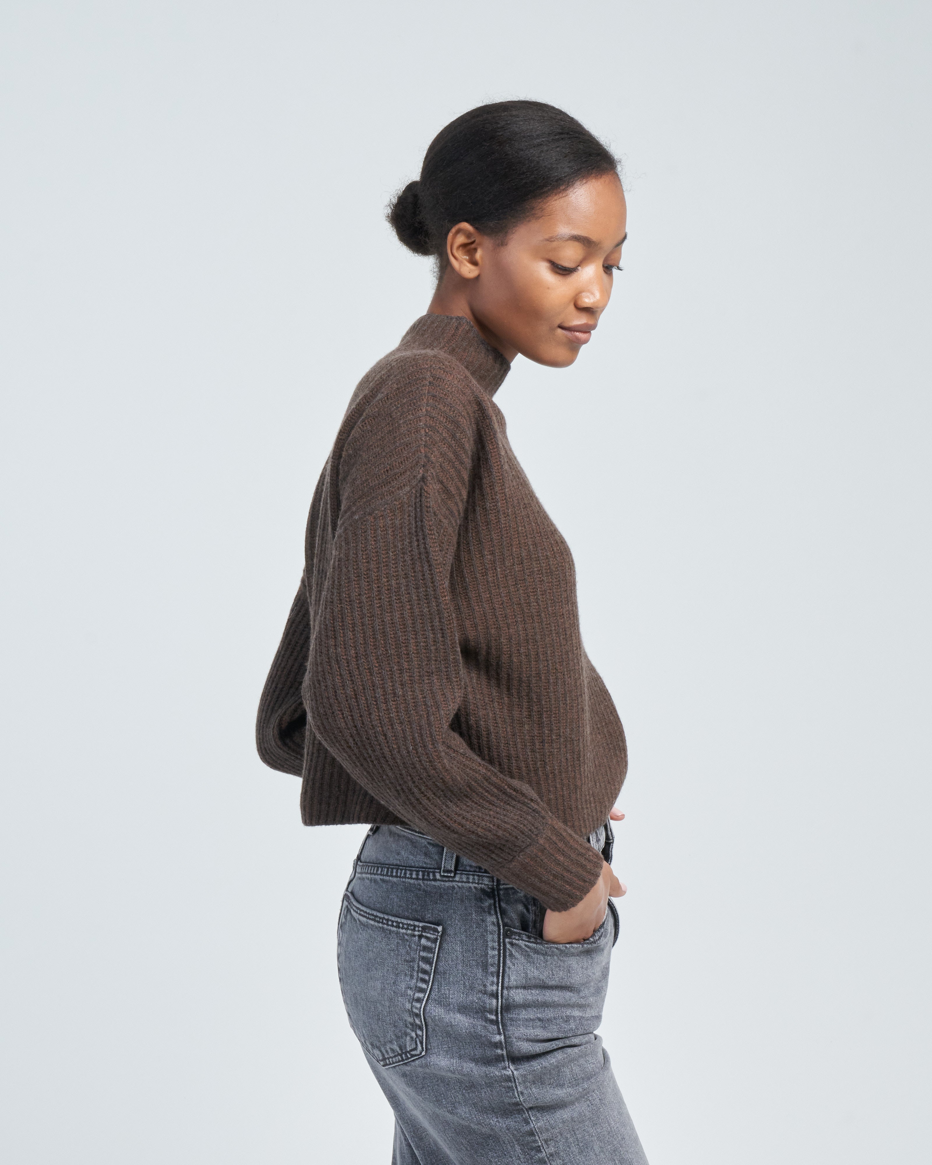 7115 By Szeki Merino Stripe Rib Mock Sweater Brown