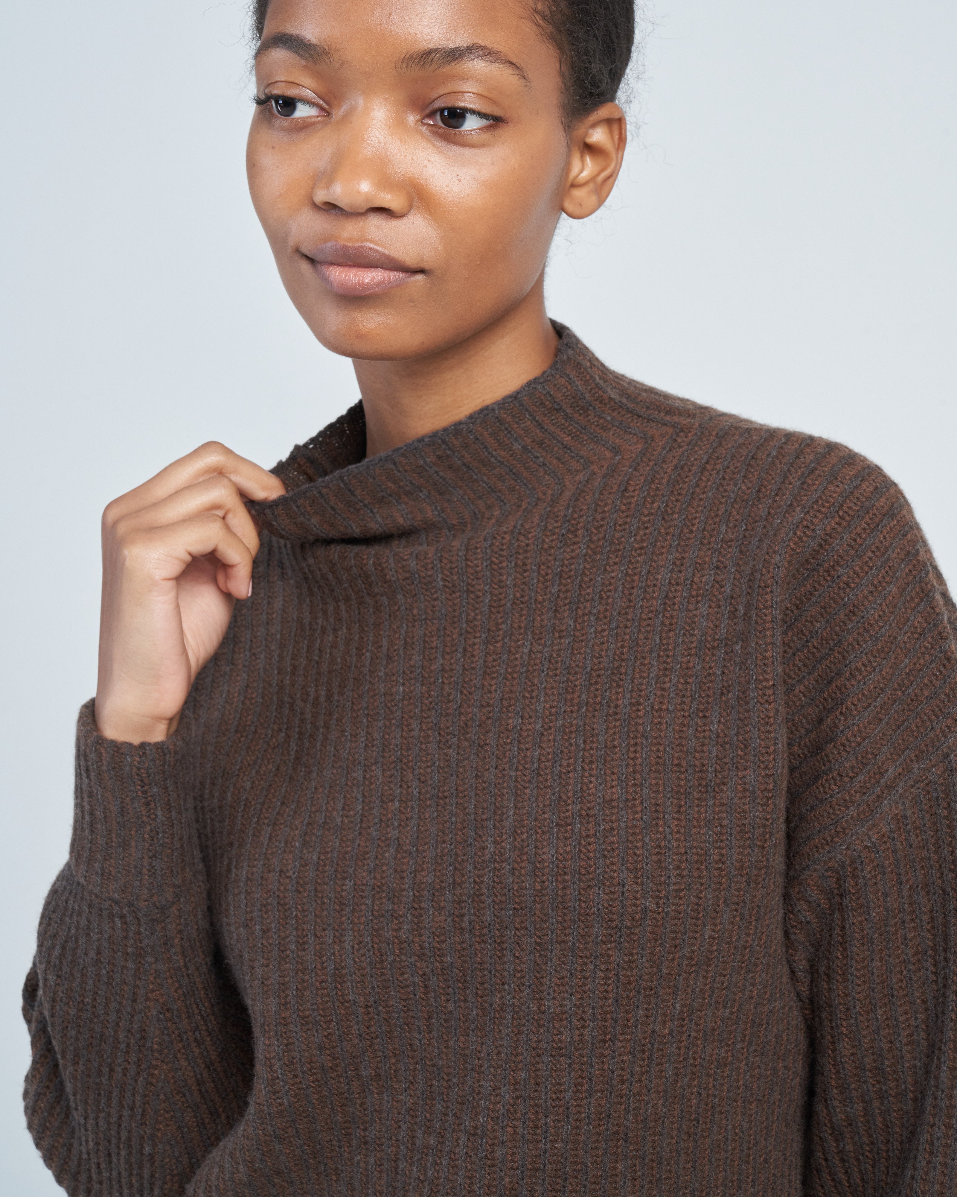 7115 By Szeki Merino Stripe Rib Mock Sweater Brown