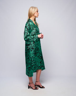 oversized shirt dress with gathered neckline & bow - green dots