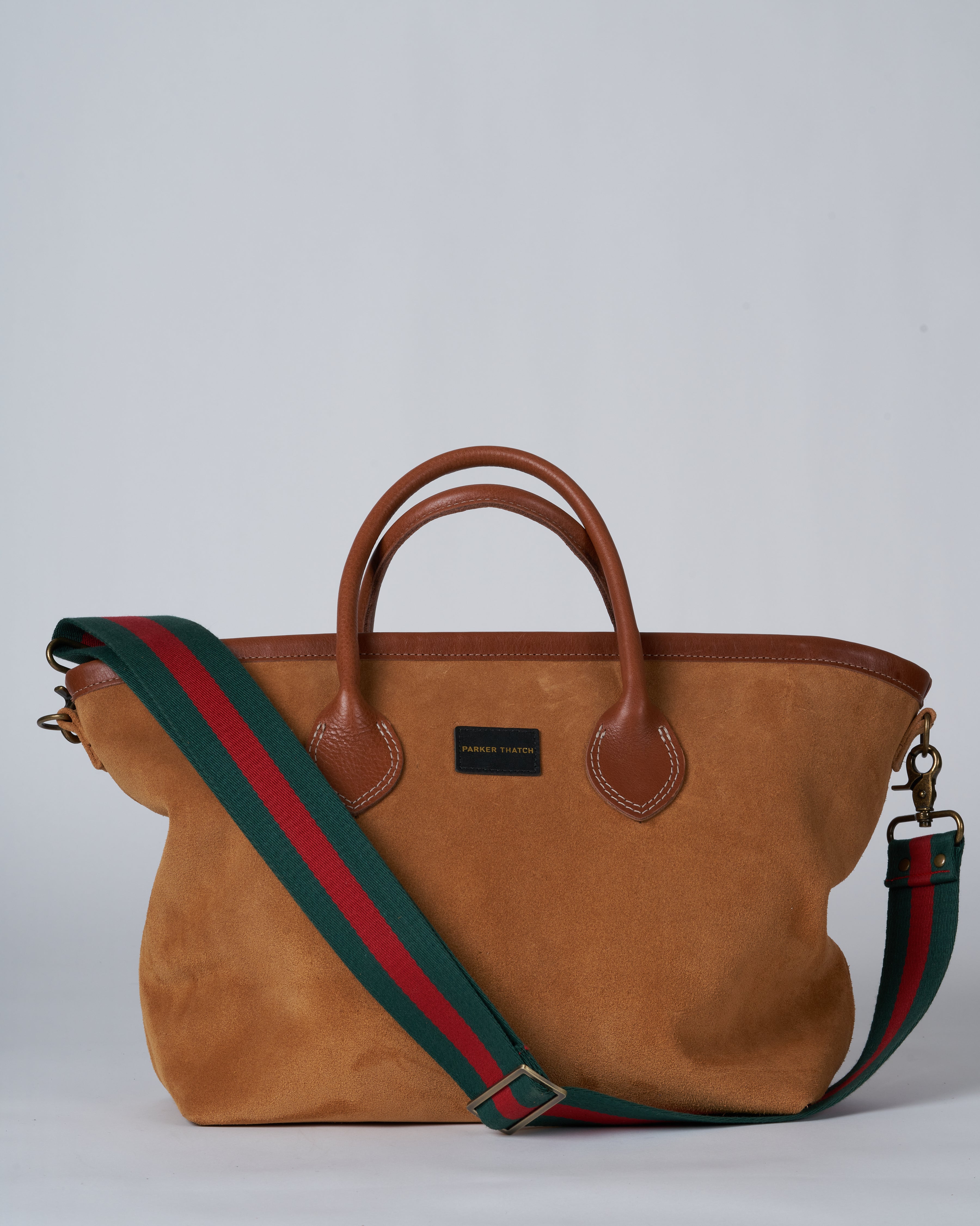 Parker Thatch Lil Easy Saddle Bag Caramel With Green And Red Web