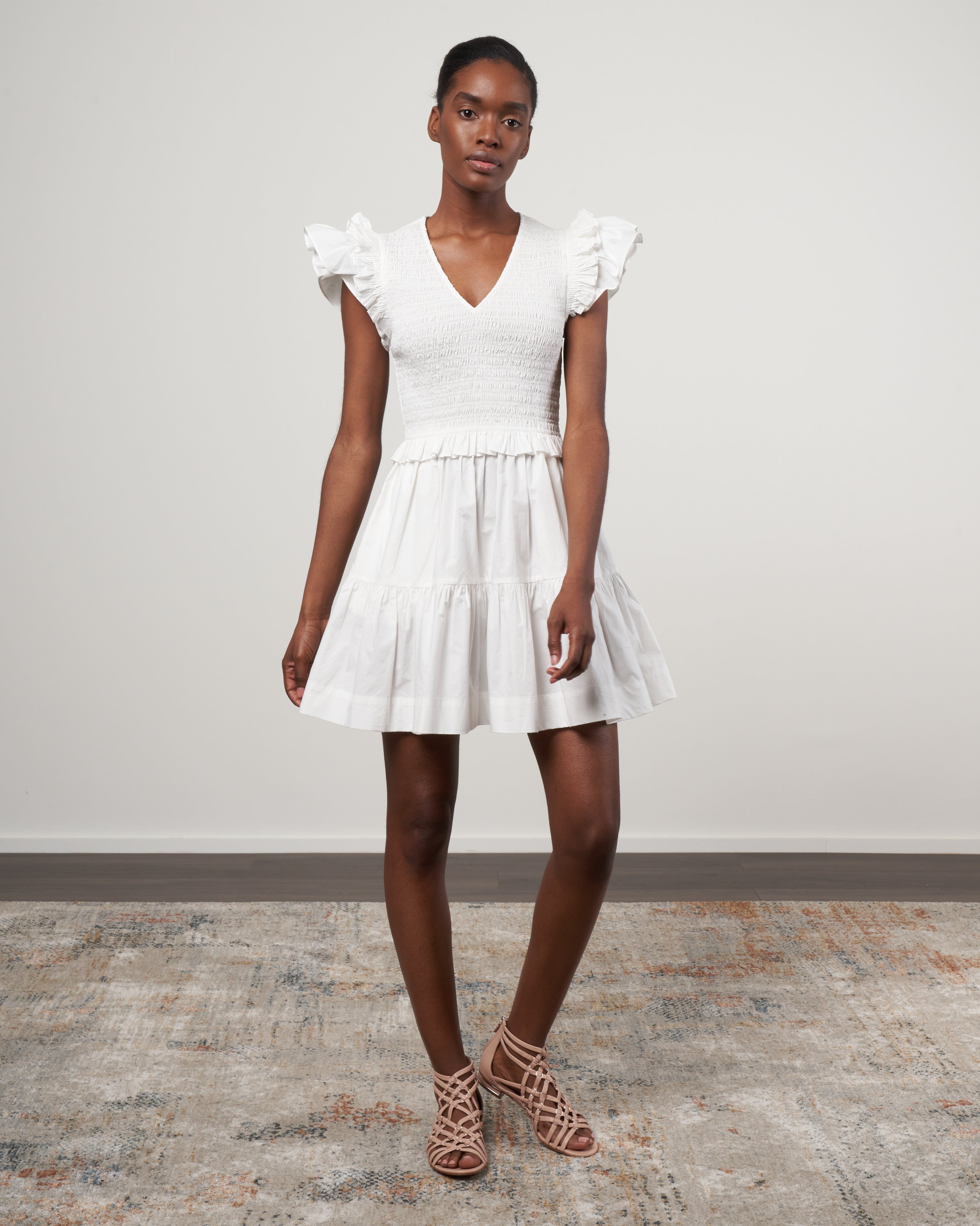 phoebe cotton flutter sleeve smocked dress - white phoebe cotton flutter sleeve smocked dress - white