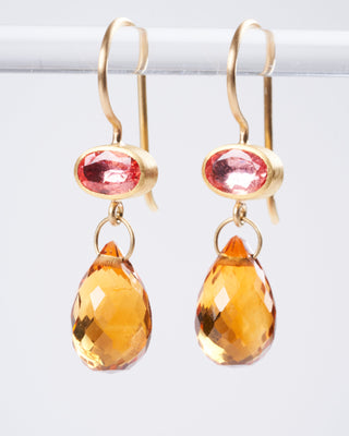 pink sapphire and citrine briolette earrings - orange and gold