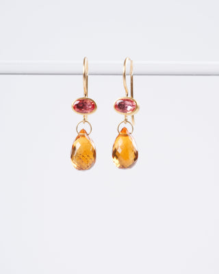 pink sapphire and citrine briolette earrings - orange and gold