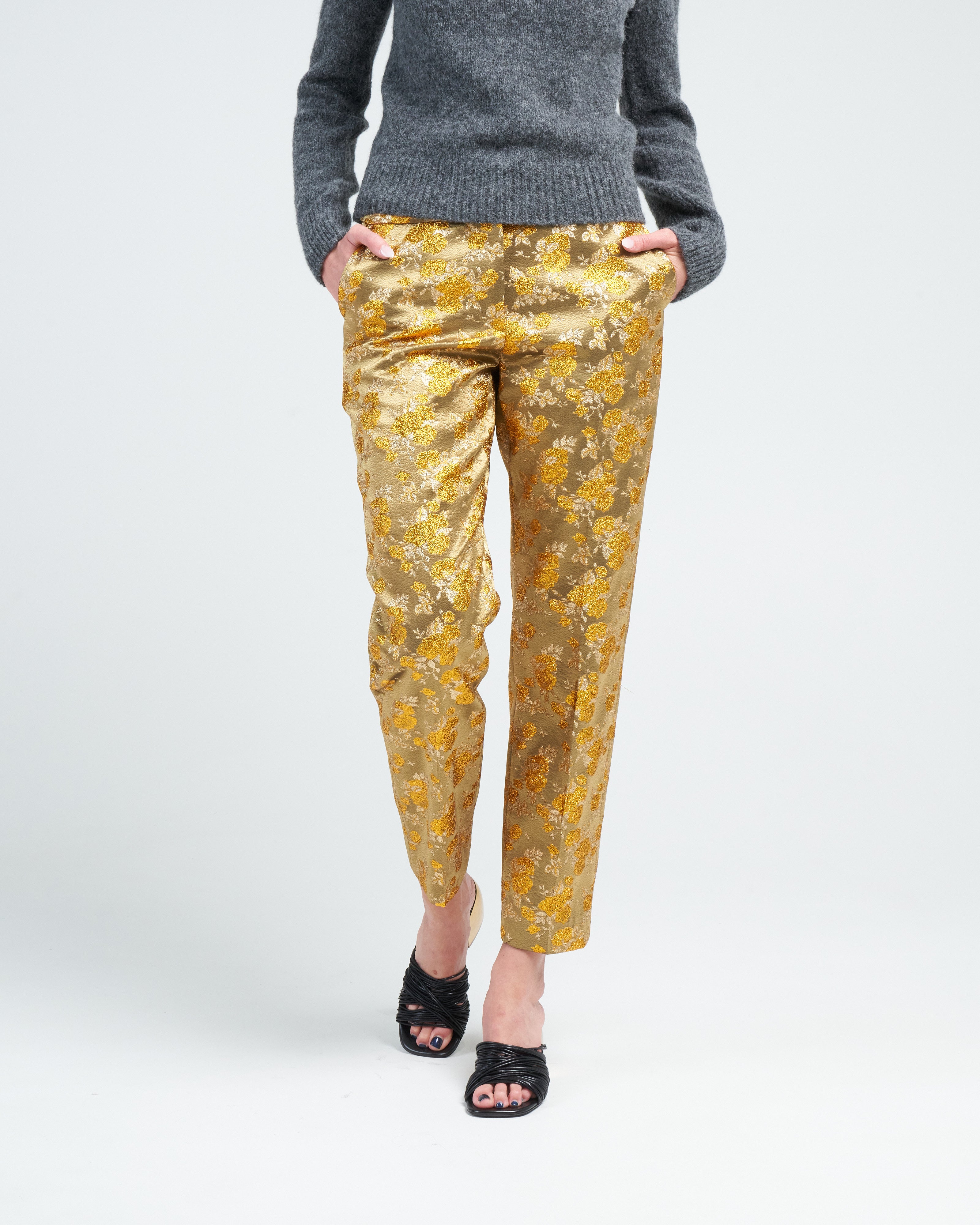 Yellow Pure Katan Silk Handwoven Striped Brocade Pants - Tilfi