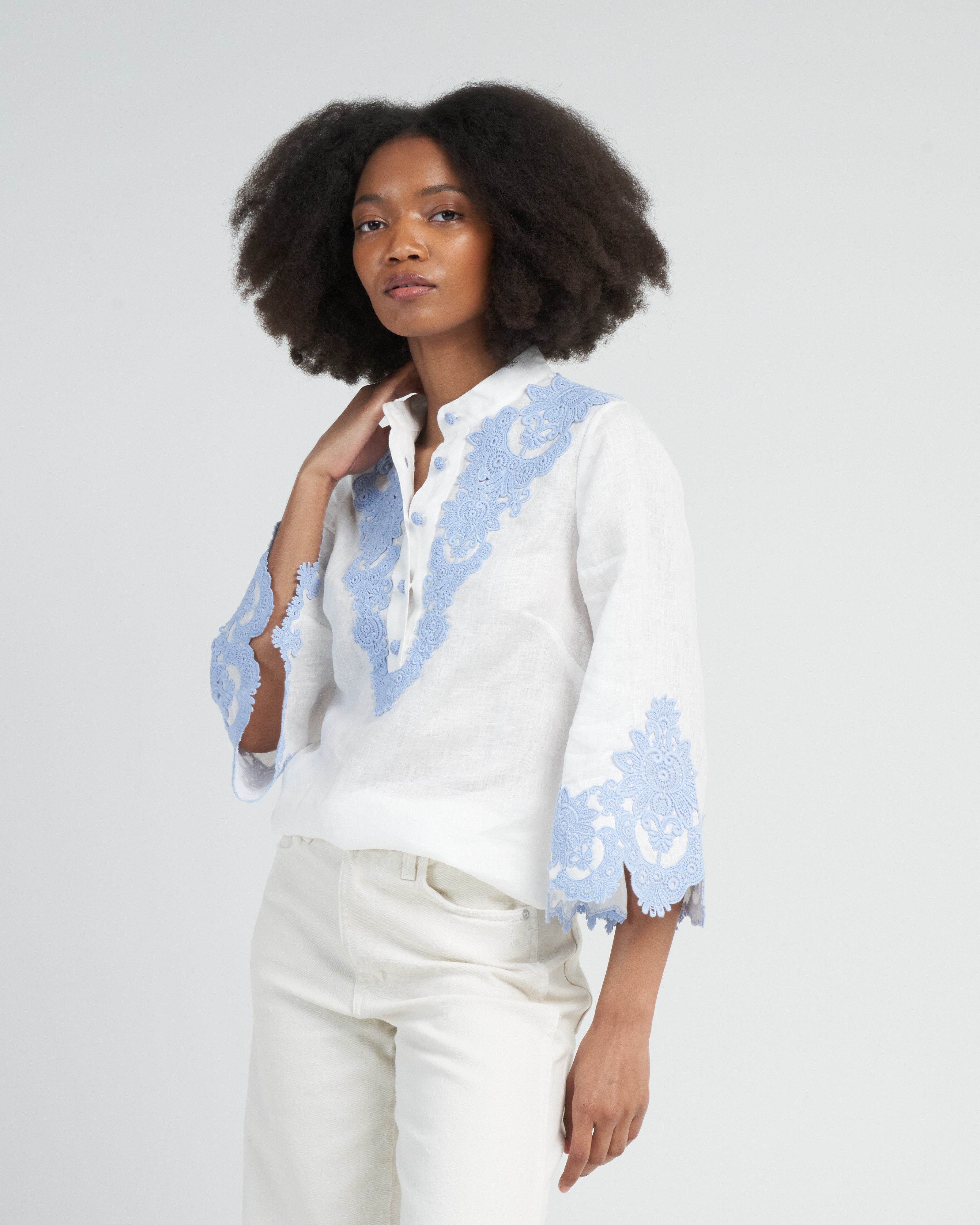 Zimmermann Raie Embroidered Trim Top Ivory/Blue