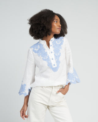 raie embroidered trim top - ivory/blue