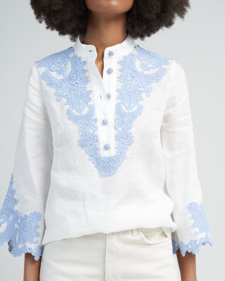 raie embroidered trim top - ivory/blue