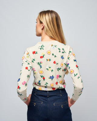 embroidered cashmere crew neck- multi flowers - cream