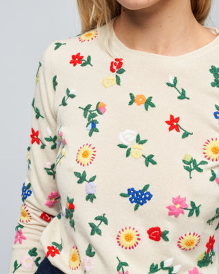 embroidered cashmere crew neck- multi flowers - cream