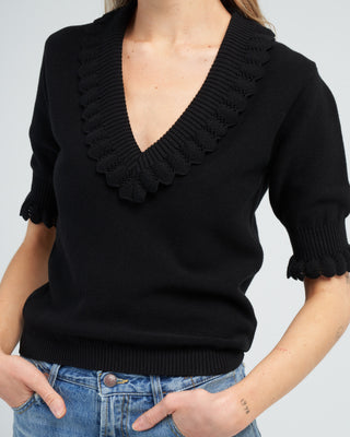 romantic v neck elbow length sleeves top - deep black