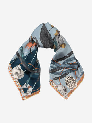 rooster's dance 90cm silk twill scarf - denim/chambray