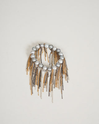 silver freshwater pearls w/ oxi, yellow, and white fringe bracelet