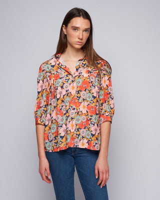 shirred pocket blouse - navy multi floral