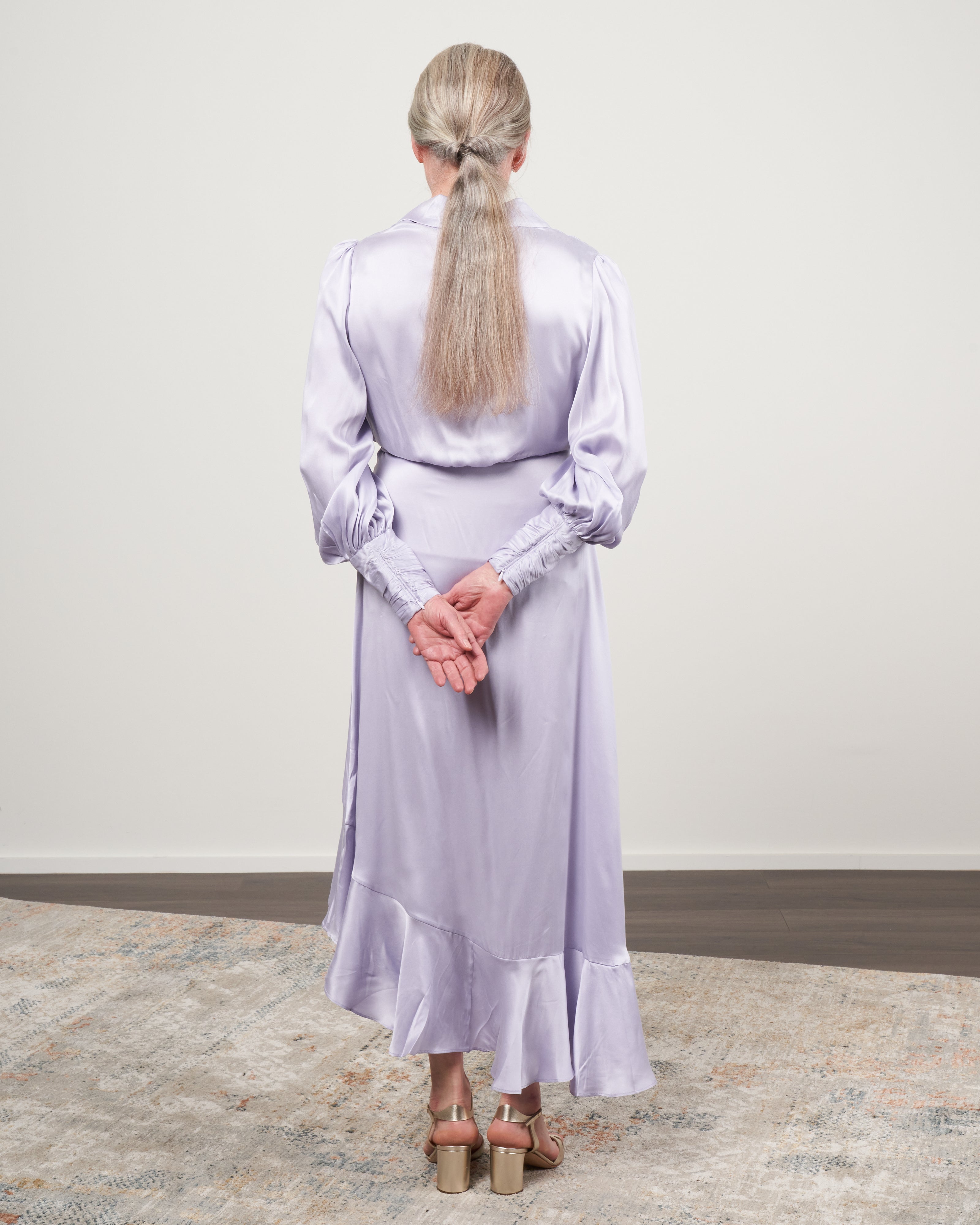 lilac satin wrap dress Lilac Wrap Satin Dress With Flutter Sleeves