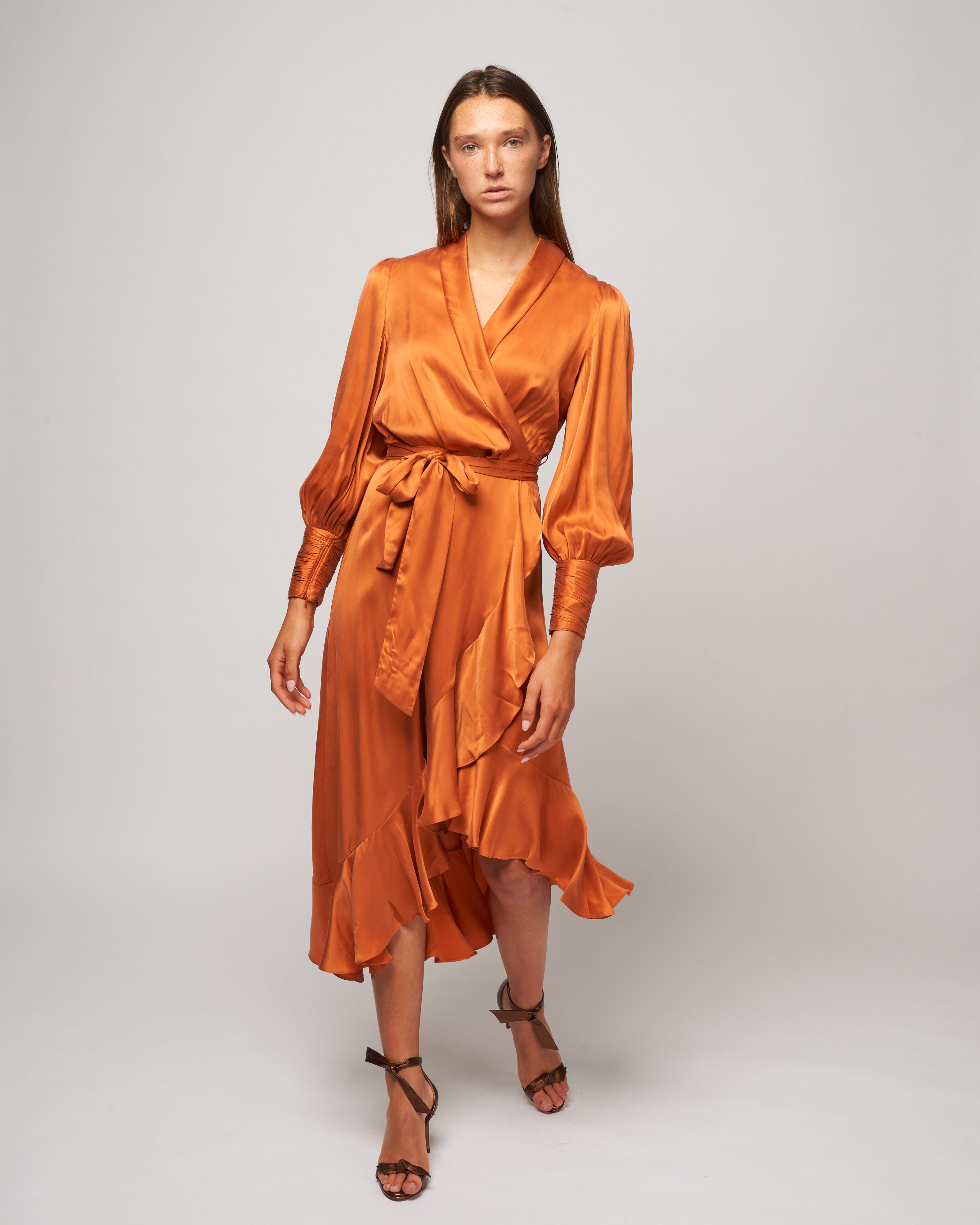 silk wrap midi dress - tangerine silk wrap midi dress - tangerine