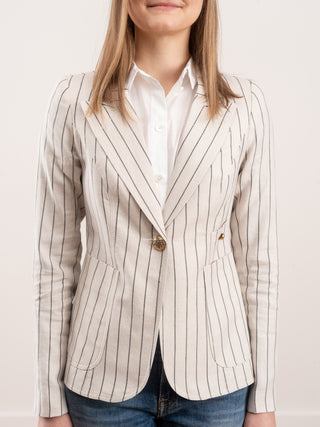 patch pocket duchess blazer - stone stripe/black leather
