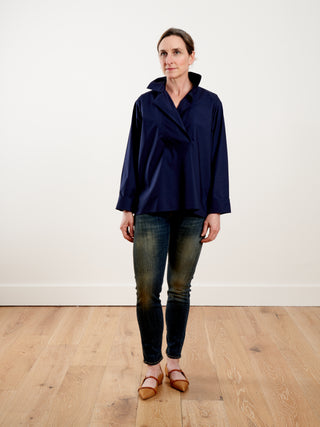 long sleeve top with collar and front flap - woven blue marine