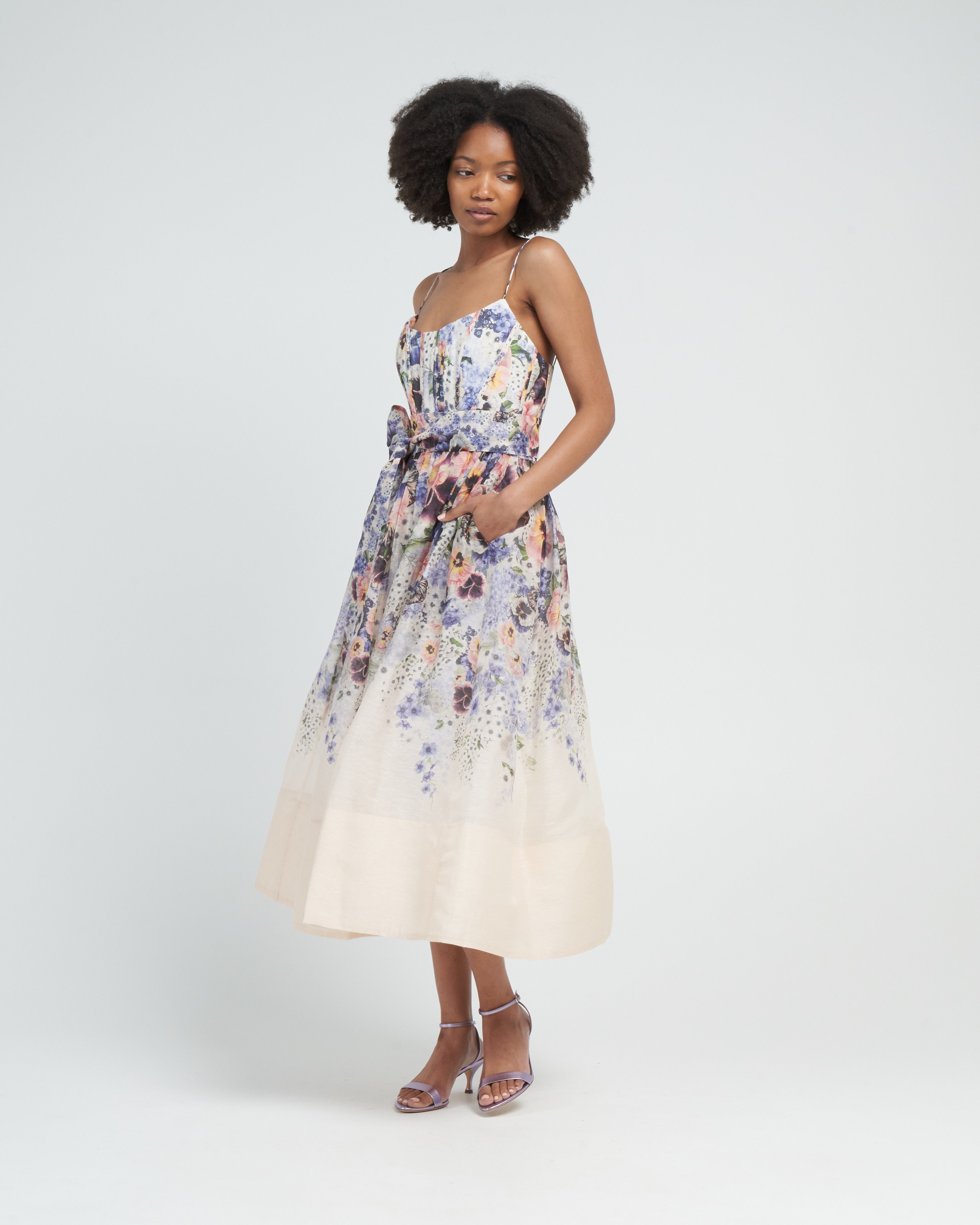Zimmermann Tama Corset Midi Dress Purple Pansy Print