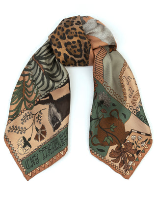 the jaguar's paradise silk twill square scarf - peach/sage