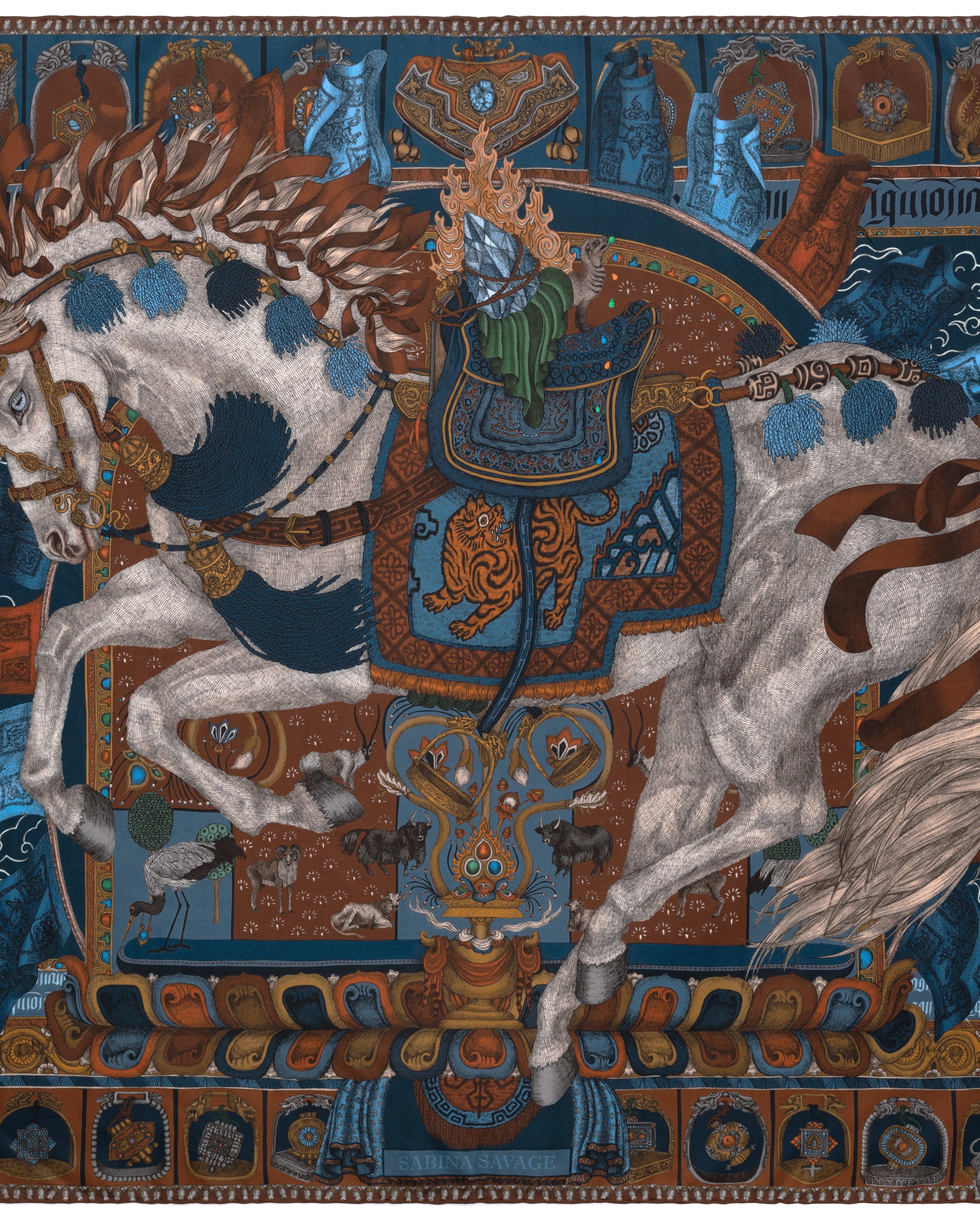 Sabina Savage The Wind Horse Silk Twill Square Scarf Madder/Sky